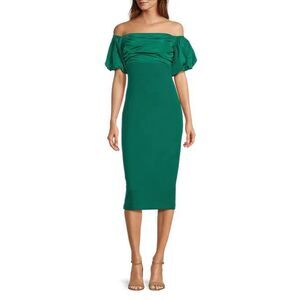 Badgley Mischka Belle Harlow Stretch Crepe Off-the-Shoulder Puffed Slv Dress